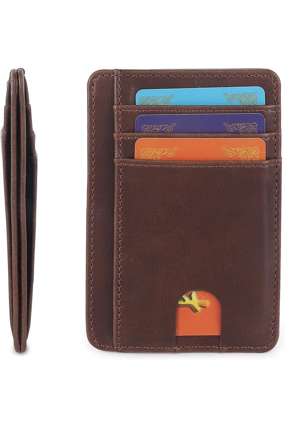 Men's Card Holder, Ultra-Thin Wallet with Anti-Skimming Protection, Minimalist Design, 6 Card Slots, Box Included(Brown leather)