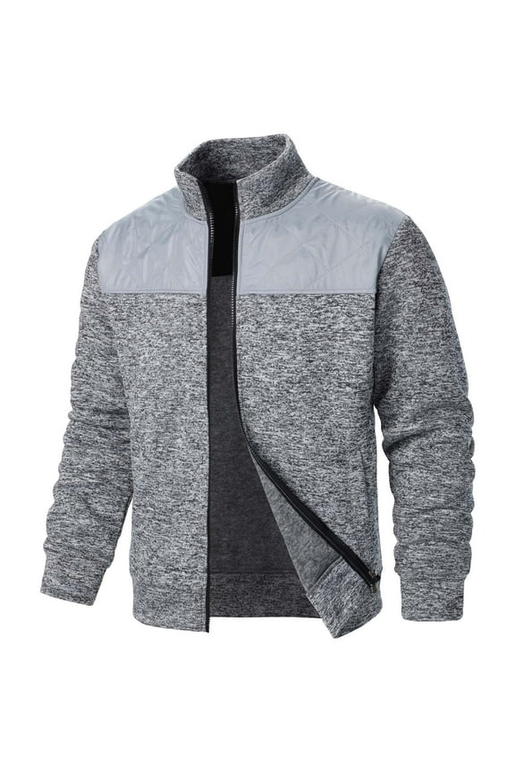 Men's Cardigan Jacket Stand Collar Zip Up Jacquard Knit Patchwork Sweater Lightweight Warm Coat with Pockets