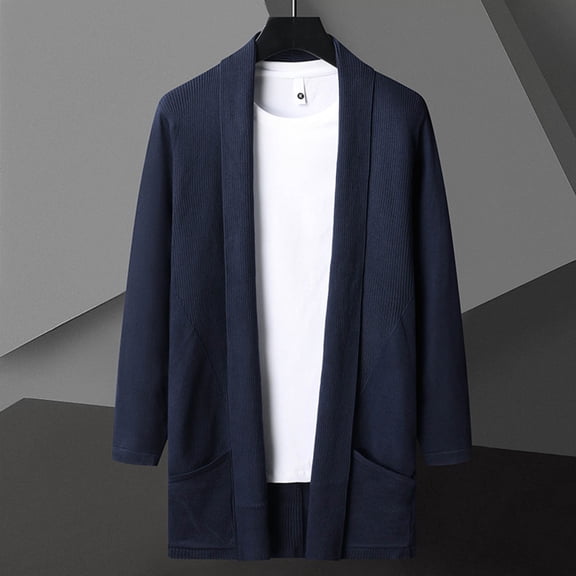 Men's Cardigan Jackets Mid-Length Lightweight Casual Soft Knit Open Front Outwear Coat with Pockets Navy 3XL