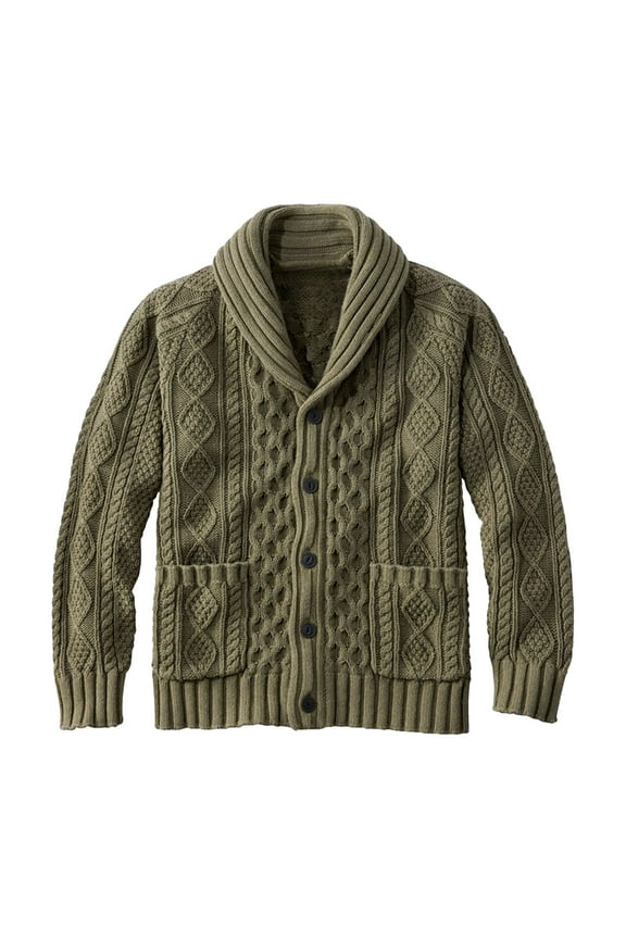 Men's Cardigan Sweater Long Sleeve Shawl Collar Button Down Solid Knit Outerwear with Pockets Olive Green L