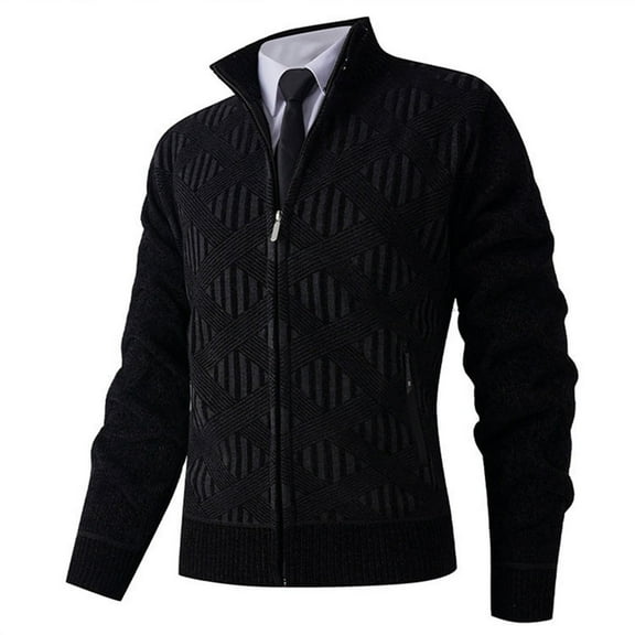 Men's Cardigan Sweater Long Sleeve Stand Collar Full Zip Knitted Outerwear with Pockets Black XL