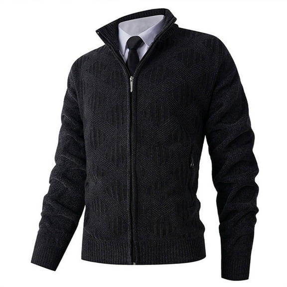 Men's Cardigan Sweater Long Sleeve Stand Collar Full Zip Knitted Outerwear with Pockets Dark Gray 2XL