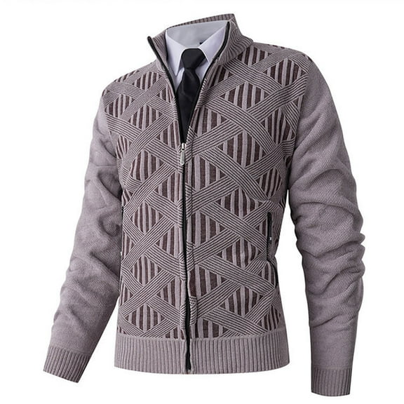 Men's Cardigan Sweater Long Sleeve Stand Collar Full Zip Knitted Outerwear with Pockets Khaki XL