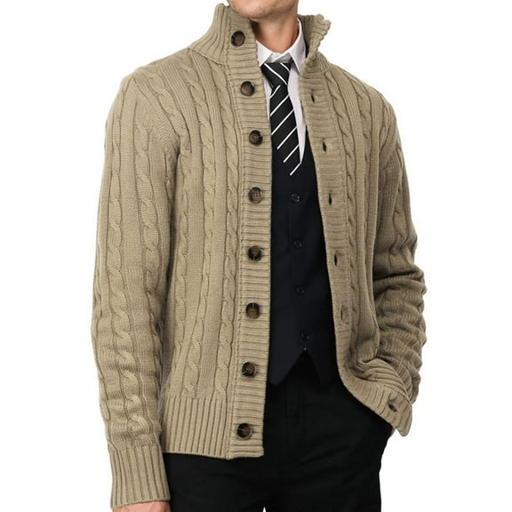 Men's Cardigan Sweater Slim Fit Stand Collar Cardigan Casual Button Down Cable Knitted Sweater