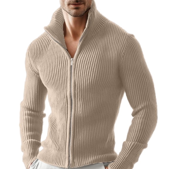 Men's Cardigan Sweater Stand Collar Full Zip Up Sweater Slim Fit Casual Knit for Winter,Khaki S