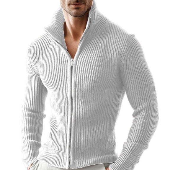 Men's Cardigan Sweater Stand Collar Full Zip Up Sweater Slim Fit Casual Knit for Winter,White XL