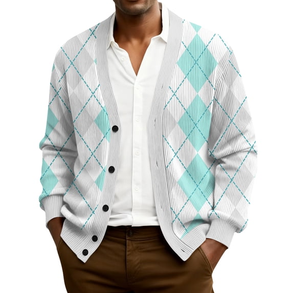 Men's Cardigan Sweaters with Button Lightweight Casual V Neck Long Sleeve Argyle Pattern Knitted Sweater Blue 2XL