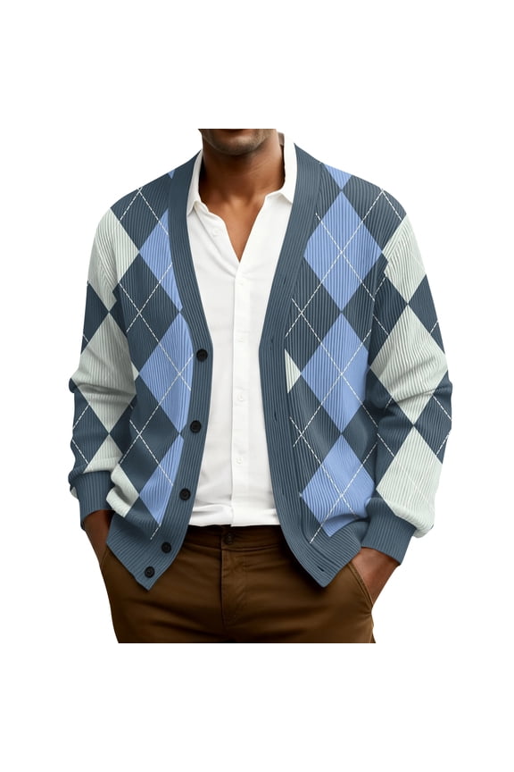 Men's Cardigan Sweaters with Button Lightweight Casual V Neck Long Sleeve Argyle Pattern Knitted Sweater Blue 4XL