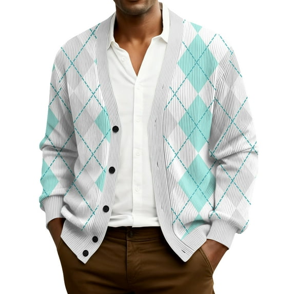 Men's Cardigan Sweaters with Button Lightweight Casual V Neck Long Sleeve Argyle Pattern Knitted Sweater Blue L