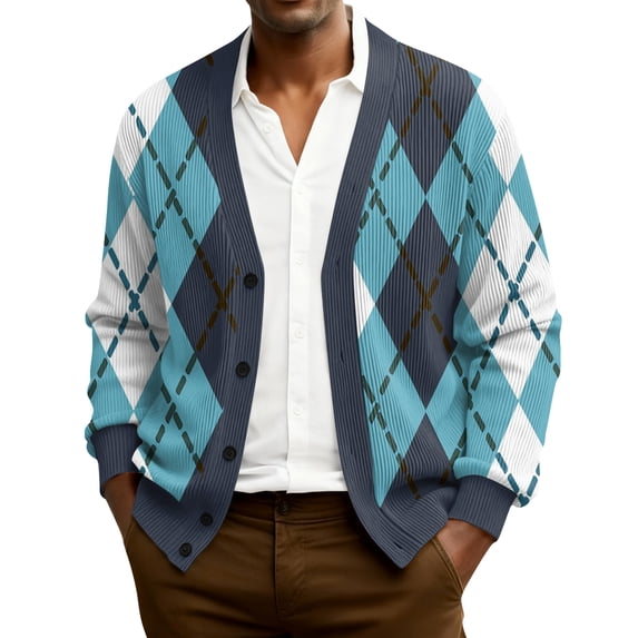Men's Cardigan Sweaters with Button Lightweight Casual V Neck Long Sleeve Argyle Pattern Knitted Sweater Blue S