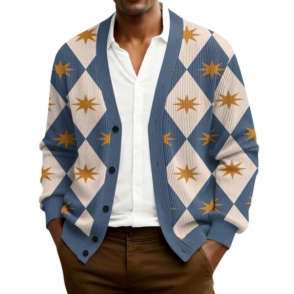 Men's Cardigan Sweaters with Button Lightweight Casual V Neck Long Sleeve Argyle Pattern Knitted Sweater Brown 3XL