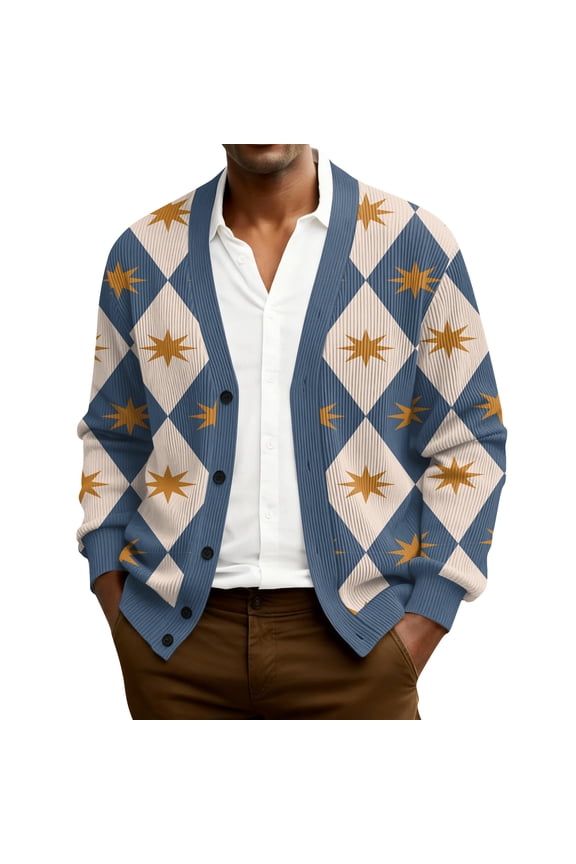 Men's Cardigan Sweaters with Button Lightweight Casual V Neck Long Sleeve Argyle Pattern Knitted Sweater Brown XL