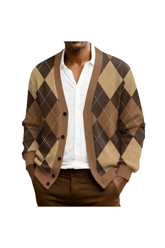 Men's Cardigan Sweaters with Button Lightweight Casual V Neck Long Sleeve Argyle Pattern Knitted Sweater Brown XL
