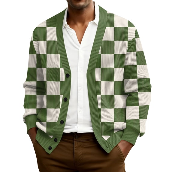 Men's Cardigan Sweaters with Button Lightweight Casual V Neck Long Sleeve Argyle Pattern Knitted Sweater Green 5XL