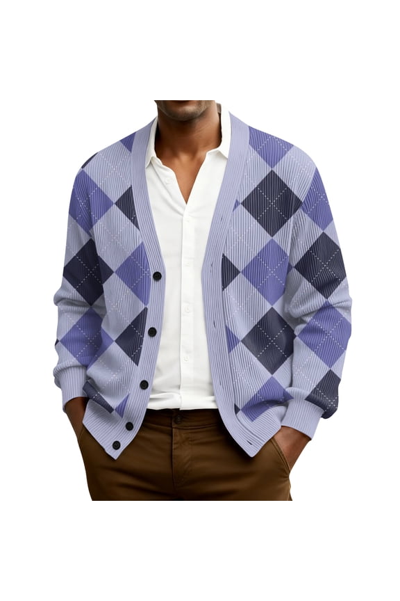 Men's Cardigan Sweaters with Button Lightweight Casual V Neck Long Sleeve Argyle Pattern Knitted Sweater Purple 5XL