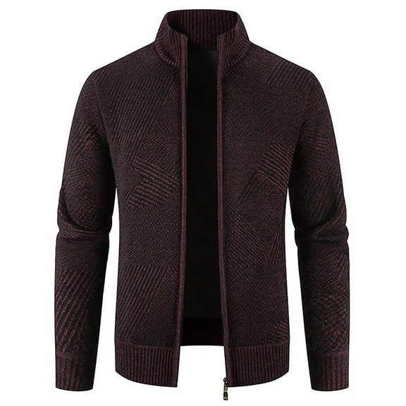 Men's Cardigan Zip-Up Jacket Winter Stand Collar Sweater Fleece Jacket