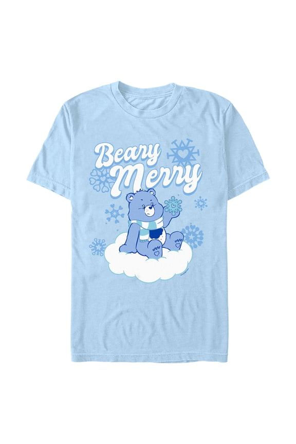 Men's Care Bears Christmas Grumpy Bear Beary Merry Graphic Tee Light Blue 2X Large