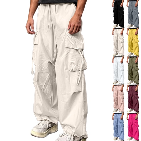 Men's Cargo Baggy Pants Multi-Pocket Drawstring Cuff Elastic Waist | Zenithor,Hot Pink 2XL