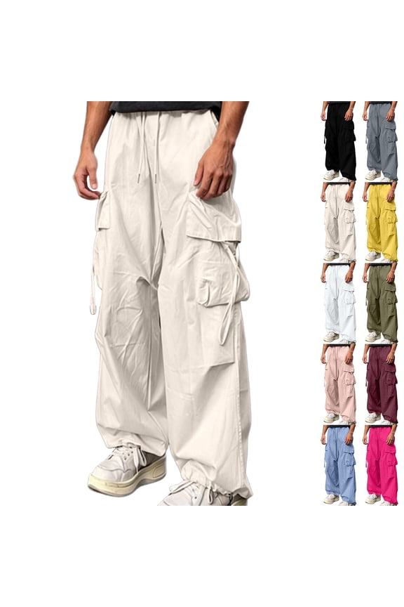 Men's Cargo Baggy Pants Multi-Pocket Drawstring Cuff Elastic Waist | Zenithor,Yellow XXS