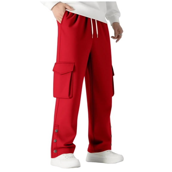Men's Cargo Baggy Sweatpants Wide Leg Casual Joggers Split Hem Loose Drawstring Elastic Waist Pants with Pockets