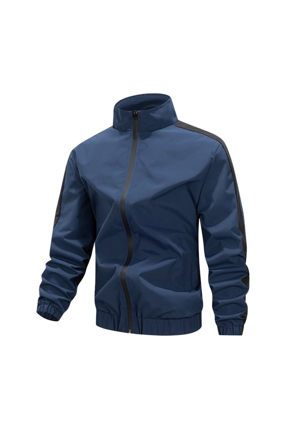 Men's Cargo Baseball Jacket Long Sleeve Stand Collar Zip Up Cuffed Solid Cardigan Coat with Pockets Dark Blue-2 XL