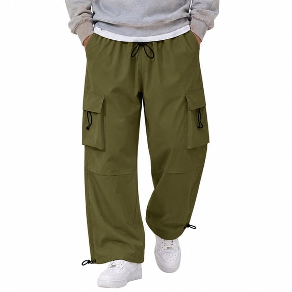 Men's Cargo Casual Pants Drawstring Elastic Waist Straight Leg Trousers Lightweight Trendy Loose Fit Pants with Pockets Army Green 2XL