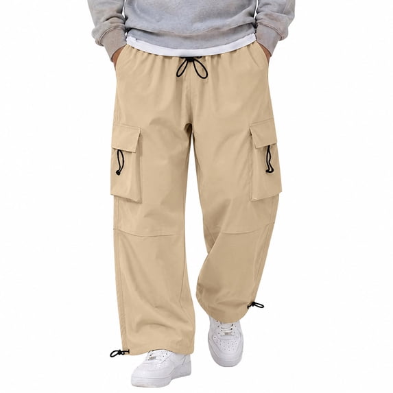 Men's Cargo Casual Pants Drawstring Elastic Waist Straight Leg Trousers Lightweight Trendy Loose Fit Pants with Pockets Beige 4XL