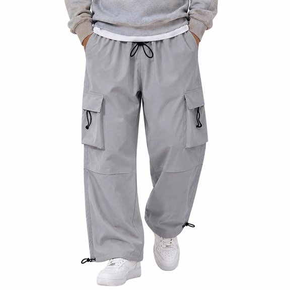Men's Cargo Casual Pants Drawstring Elastic Waist Straight Leg Trousers Lightweight Trendy Loose Fit Pants with Pockets Light Gray 5XL