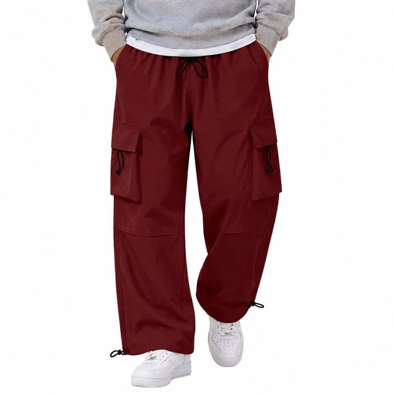 Men's Cargo Casual Pants Drawstring Elastic Waist Straight Leg Trousers Lightweight Trendy Loose Fit Pants with Pockets Wine 3XL