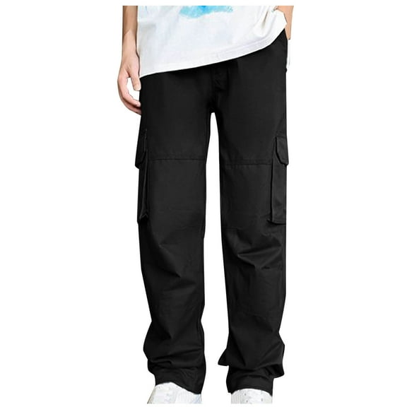 Men's Cargo Casual Solid Color Zipper Pockets Elastic Waist Full Length Pants Black