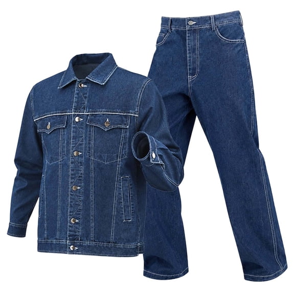 Men's Cargo Denim Jacket Track Suit 2 Pieces Set Outfits Casual Multi Pockets Long Sleeve Button up Jacket and Jean Pants Set