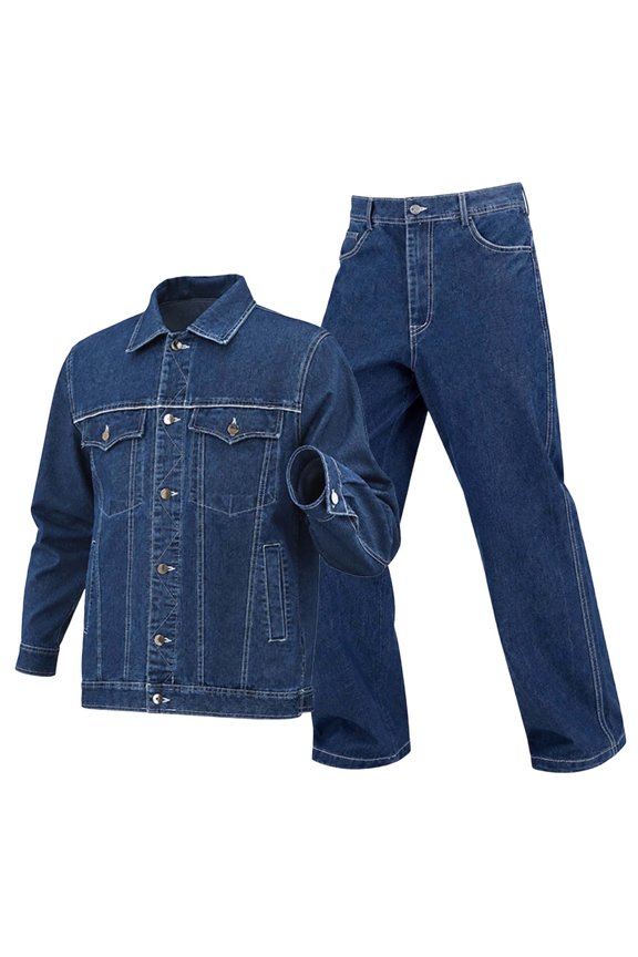 Men's Cargo Denim Jacket Track Suit 2 Pieces Set Outfits Casual Multi Pockets Long Sleeve Button up Jacket and Jean Pants Set