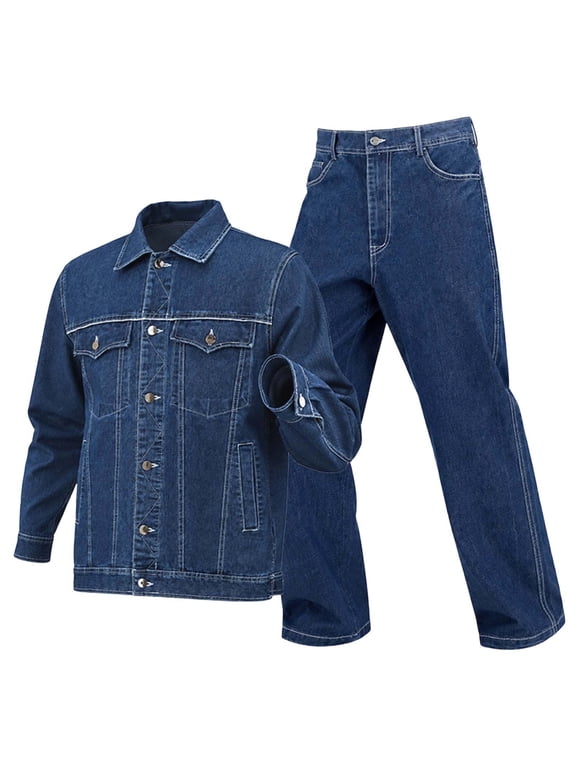 Men's Cargo Denim Jacket Track Suit 2 Pieces Set Outfits Casual Multi Pockets Long Sleeve Button up Jacket and Jean Pants Set
