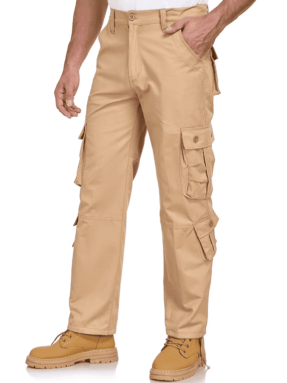 Mens Cargo Pants 100% Cotton Relaxed Fit Resistant Work Pant for Men Hiking Khaki 40