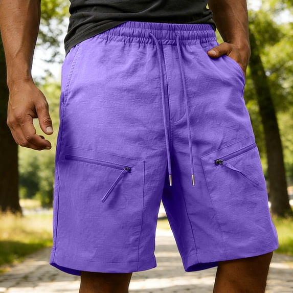 Men's Cargo Hiking Shorts Stretch Quick Dry Lightweight Work Shorts Elastic Waist Drawstring 6 Pockets for Camping Travel Purple XL