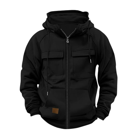 Men's Cargo Hoodie Full-Zip Midweight Casual Workwear Pullover with Pockets Black S