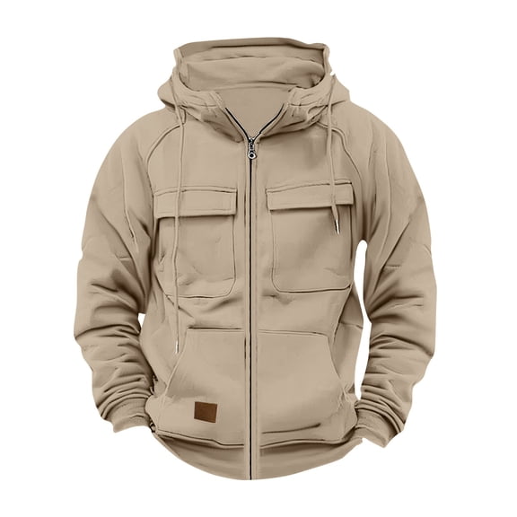Men's Cargo Hoodie Full-Zip Midweight Casual Workwear Pullover with Pockets Khaki L