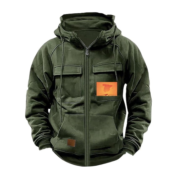 Men's Cargo Hoodie Long Sleeve Zip Up Solid Vintage Solid Pullover Sweatshirt with Pockets for Hiking Olive Green L