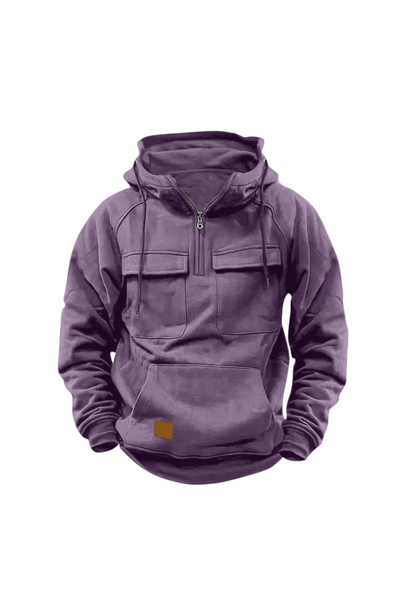 Men's Cargo Hoodie Quarter-Zip Midweight Casual Workwear Pullover with Pockets (S-3XL) (Purple,S)