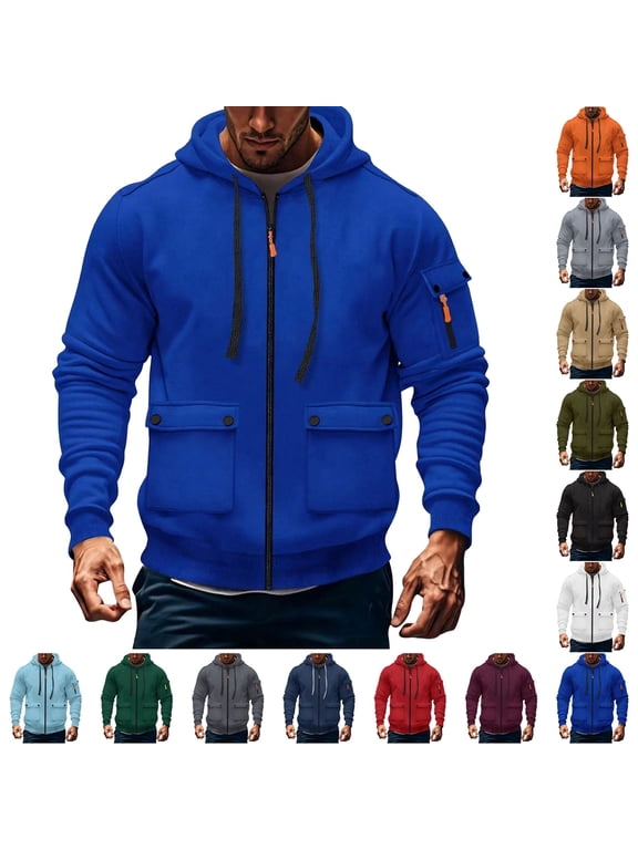 Men's Cargo Hoodies Multi Pockets Jackets Full Zipper Long Sleeve Fall Winter Casual Sweatshirts Casual Comfy Soft Fashion Outwear Coat Size s