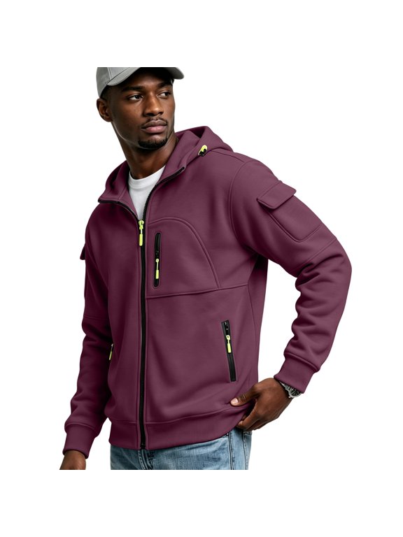 Men's Cargo Jacket Casual Hooded Work Jacket Multi Pocket Zip Up Utility Coat for Outdoor Activities and Everyday Wear