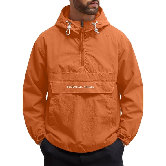 Men's Cargo Jacket, Loose Fit Hooded Coat With Half Zipper, Spliced Multi-Pocket Design For Outdoor & Work Orange XL