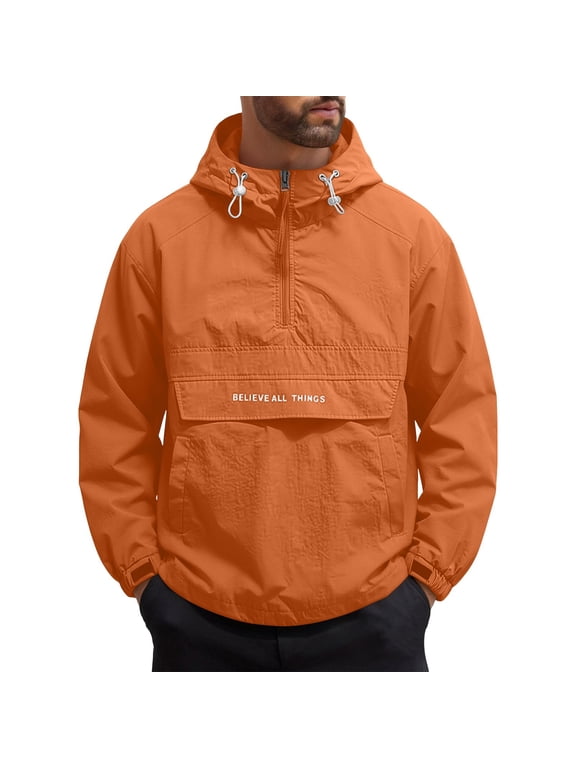 Men's Cargo Jacket, Loose Fit Hooded Coat With Half Zipper, Spliced Multi-Pocket Design For Outdoor & Work Orange XL