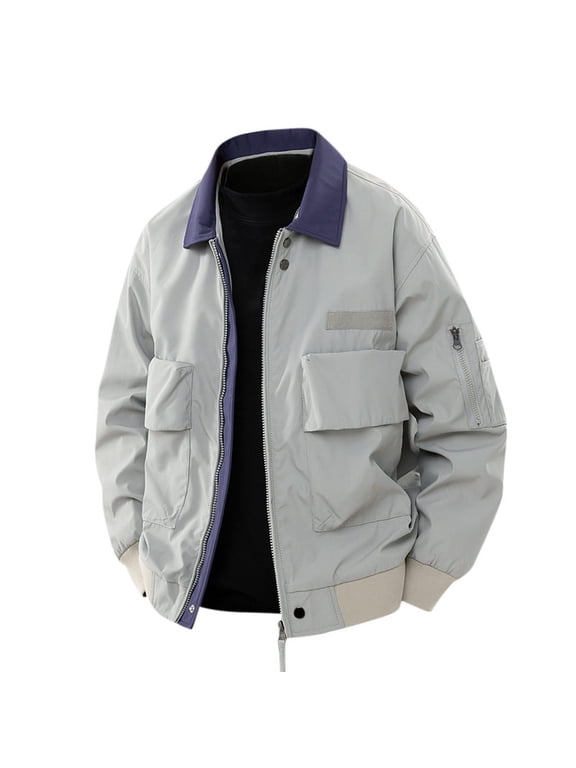 Men's Cargo Jackets Colorblock Fashion Casual Full Zip Up Coat Lapel Collar Long Sleeve Outdoors Winter Clothes (XL, Silver)