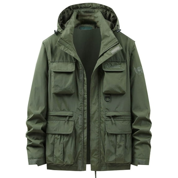 Men's Cargo Jackets Detachable Hooded Long Sleeve Zipper Thin Coat with Multi-Pocket Outdoor Casual Hiking Jacket