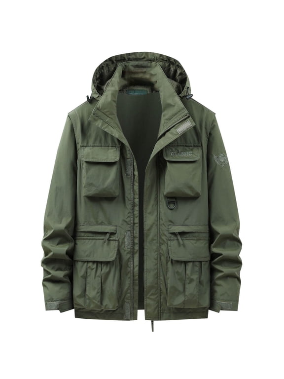 Men's Cargo Jackets Detachable Hooded Long Sleeve Zipper Thin Coat with Multi-Pocket Outdoor Casual Hiking Jacket