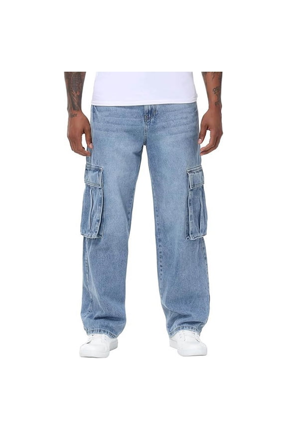 Men's Cargo Jeans Relaxed Denim Pants with Multi Pockets Straight Leg Washed Button Fly Pant Casual Fashion Outdoor Pants S