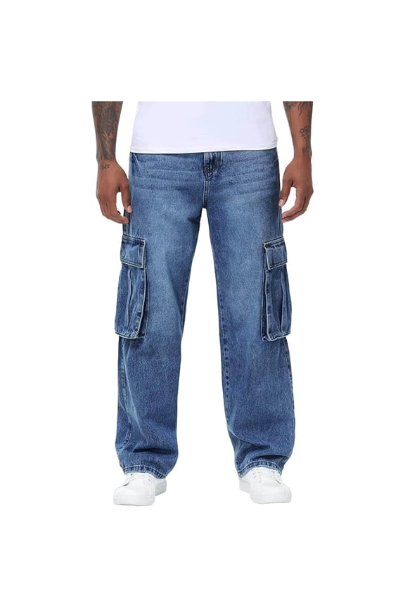 Men's Cargo Jeans Relaxed Denim Pants with Multi Pockets Straight Leg Washed Button Fly Pant Casual Fashion Outdoor Pants XL