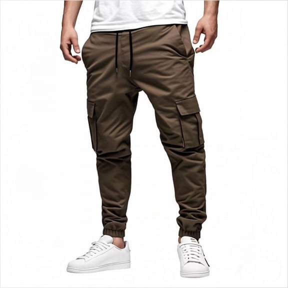Men's Cargo Jogger Pants - Drawstring Waist for Streetwear & Casual Outfits Coffee M