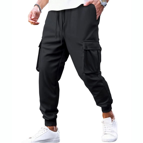 Men's Cargo Jogger Sweatpants Elastic Drawstring Waist Snap Pockets Loose Fitting Casual Daily Outdoor sports pants Black M
